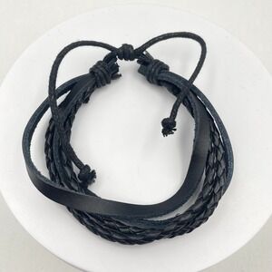 Vintage Y2K Black Multi-Layer Faux Leather Wrap Bracelet Braided Cord Jewelry